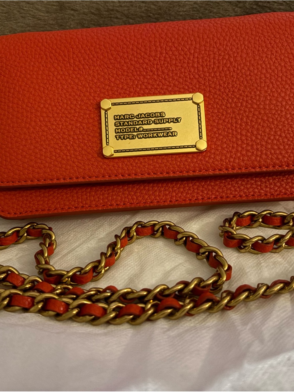 Marc Jacobs Red-Orange Pebbled Leather Chain Crossbody with Gold Plaque